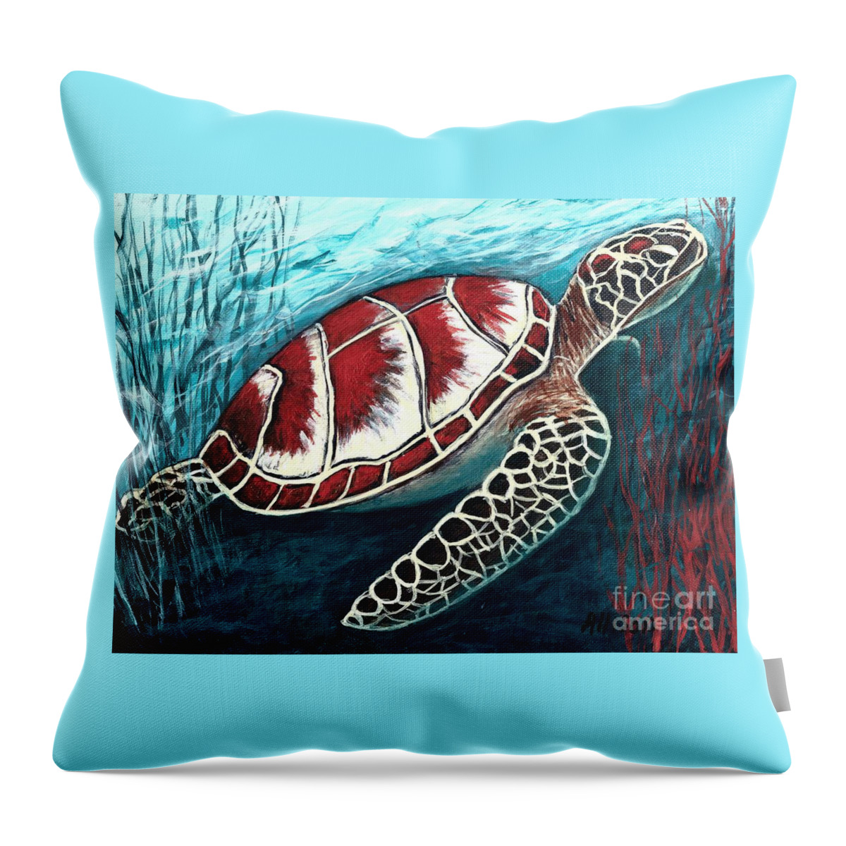#seaturtle @worldwildlifefund #turtle #ocean #conservation #environmentalart #sea #seaturtleconservancy Throw Pillow featuring the painting Sea Turtle by Allison Constantino