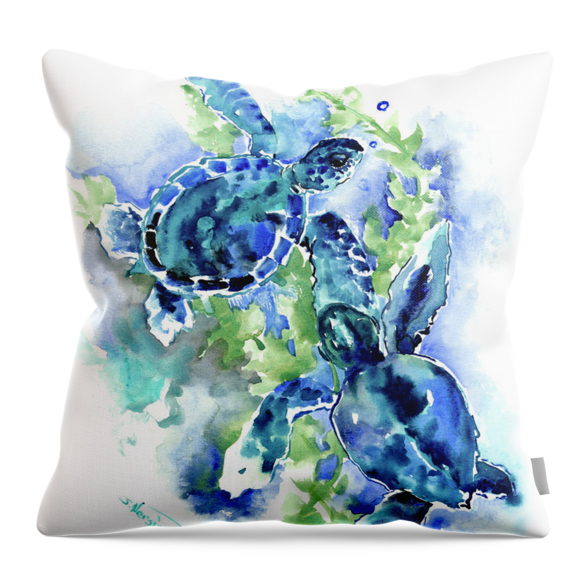 Turquoise Design Throw Pillow featuring the painting Sea Turtle, underwater scene, BLue turquoise Illustration beach bath by Suren Nersisyan
