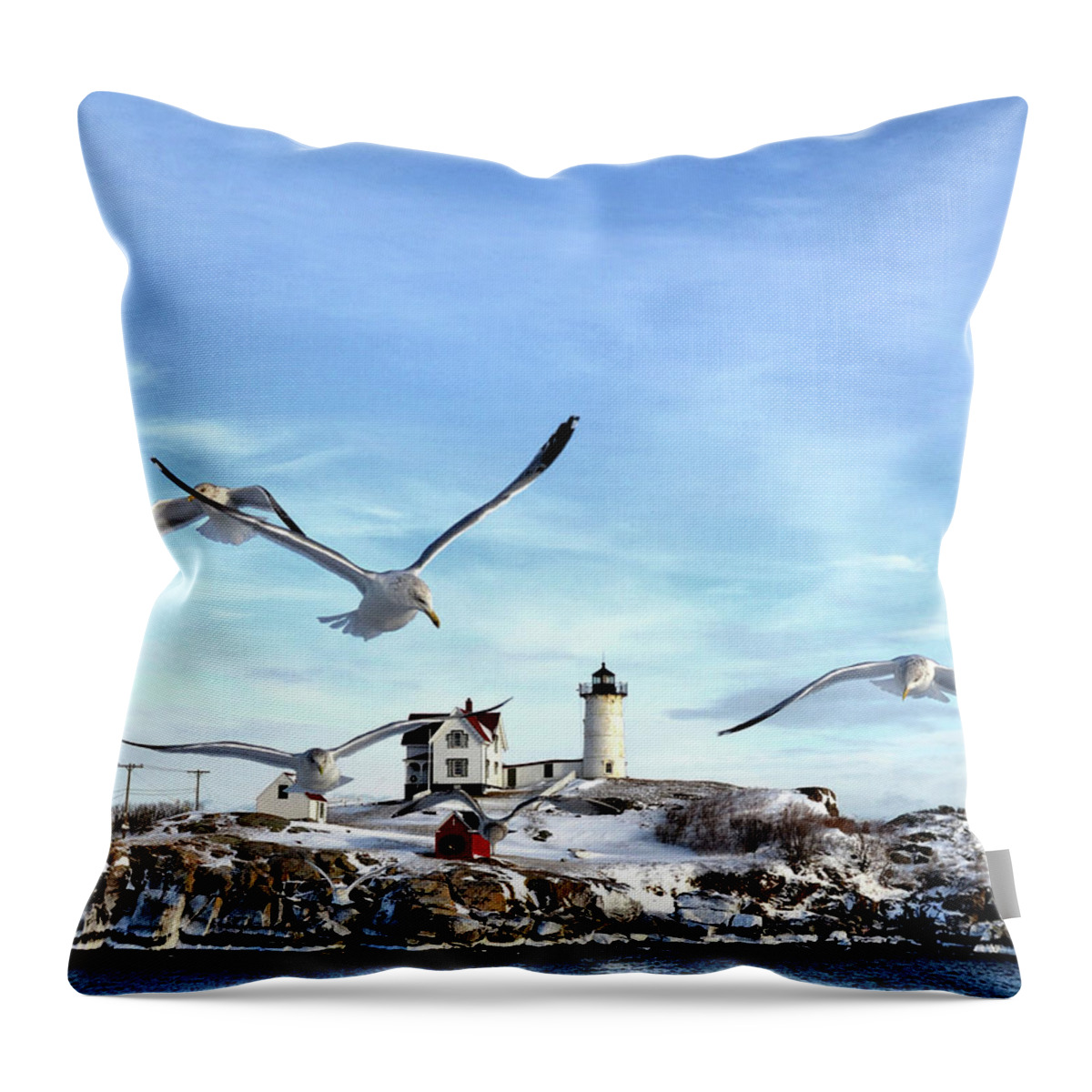 Seagull Throw Pillow featuring the photograph Seagulls at the Nubble by Colleen Phaedra