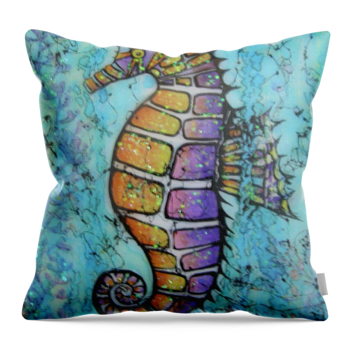 Turquoise Throw Pillow featuring the painting Seahorse Downunder by Midge Pippel