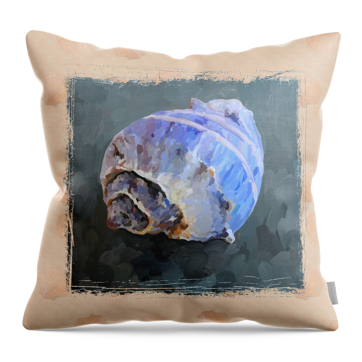 Sea Shell Throw Pillow featuring the painting SeaShell III Grunge with Border by Jai Johnson
