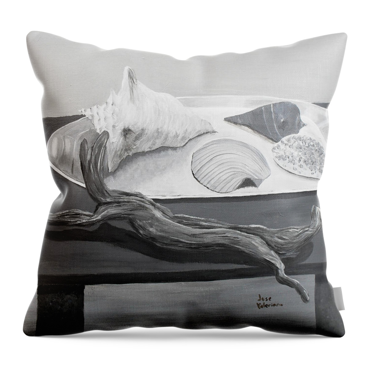 Acrylic Throw Pillow featuring the painting Seashells on table by Martin Valeriano