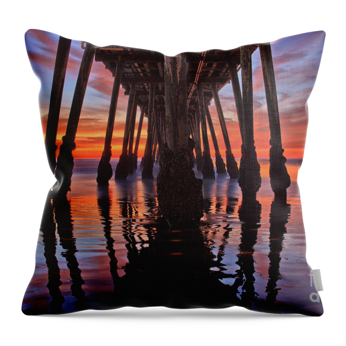 Imperial Beach Throw Pillow featuring the photograph Seaside reflections under the Imperial Beach Pier by Sam Antonio