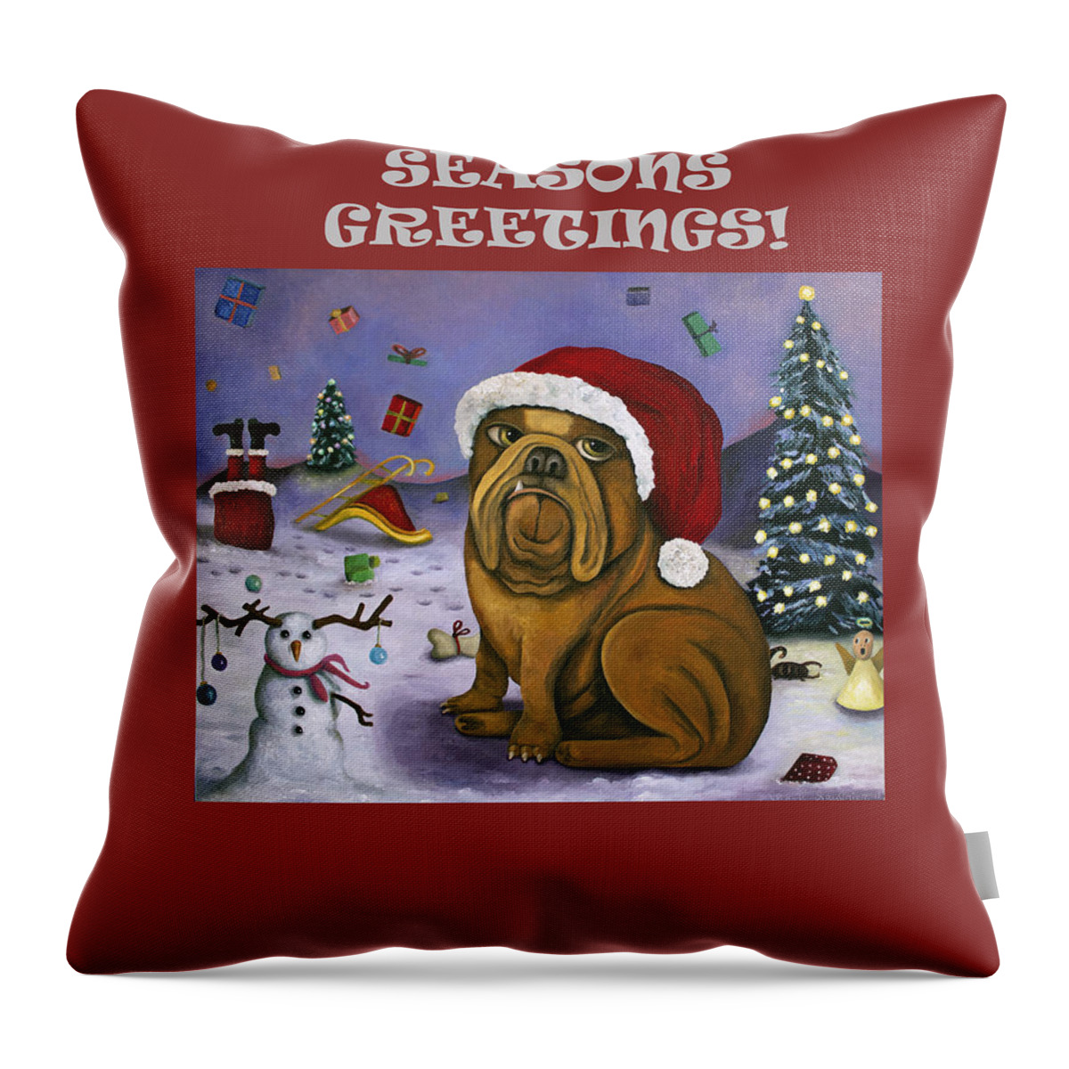 Seasons Greetings Throw Pillow featuring the painting Seasongs Greetings with Chritmas Crash by Leah Saulnier The Painting Maniac