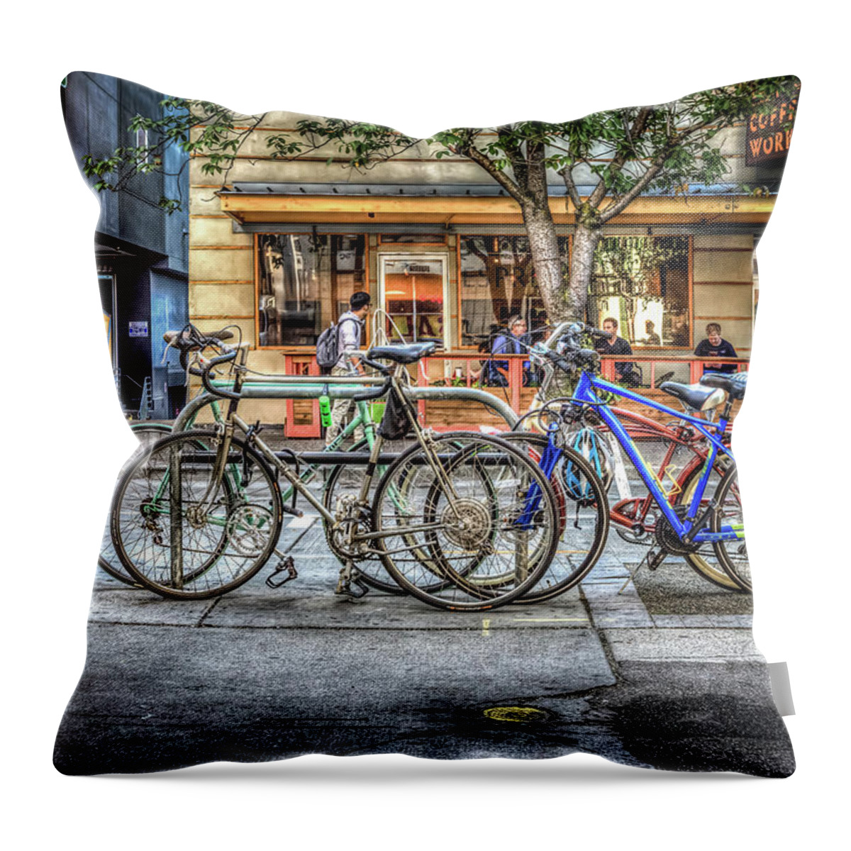 Seattle Throw Pillow featuring the photograph Seattle Bicycles by Spencer McDonald