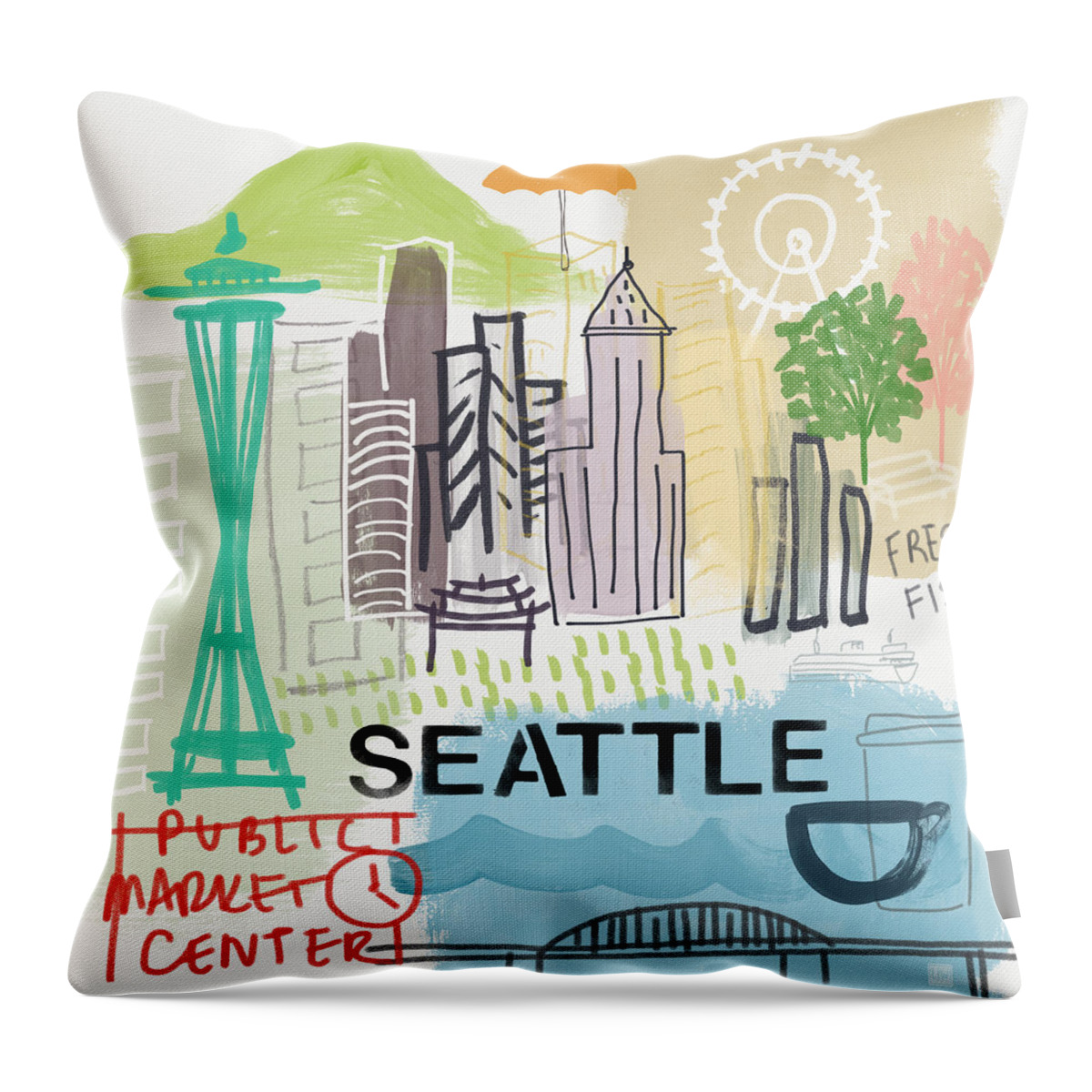 Seattle Throw Pillow featuring the painting Seattle Cityscape- Art by Linda Woods by Linda Woods