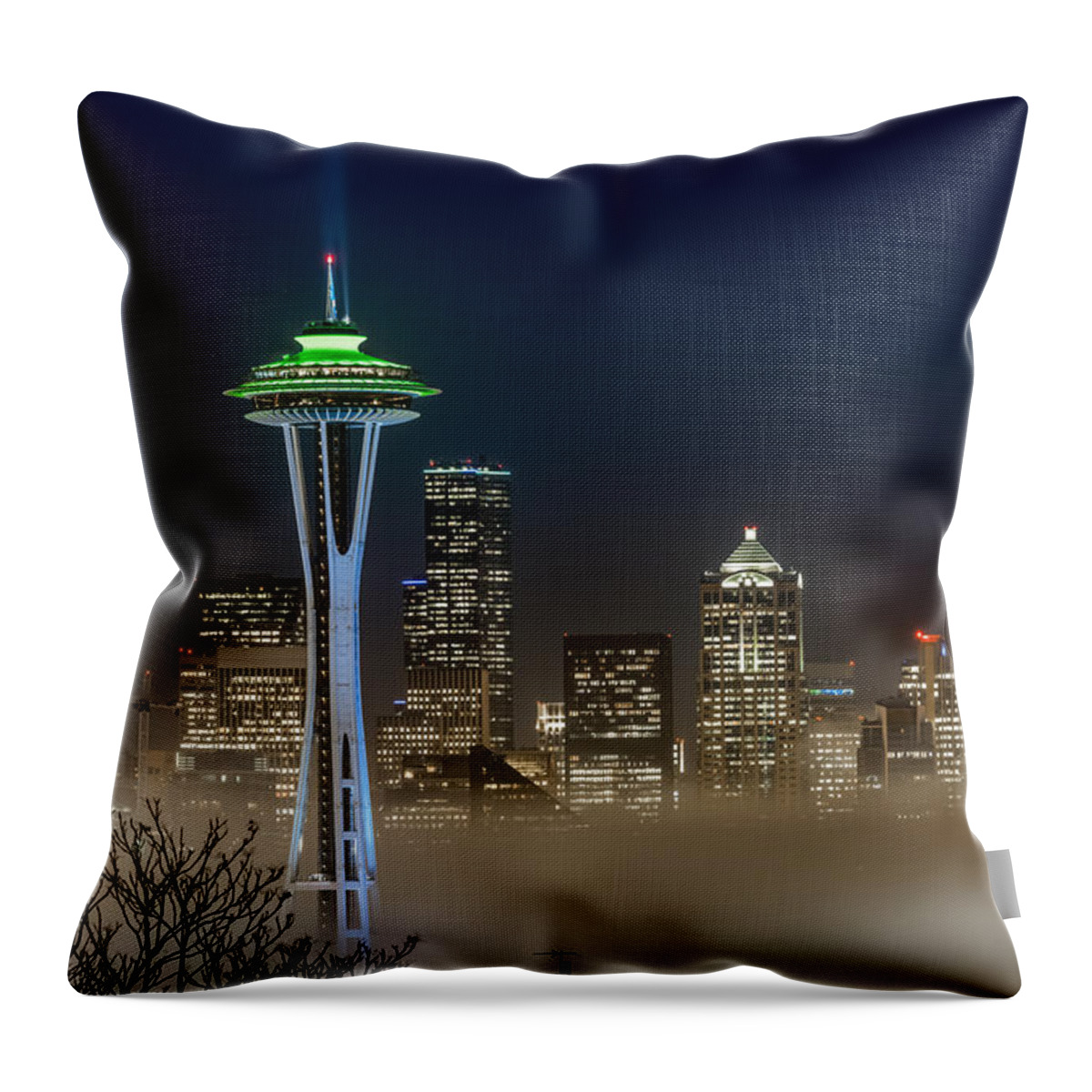 City Throw Pillow featuring the photograph Seattle Foggy Night Lights by Ken Stanback