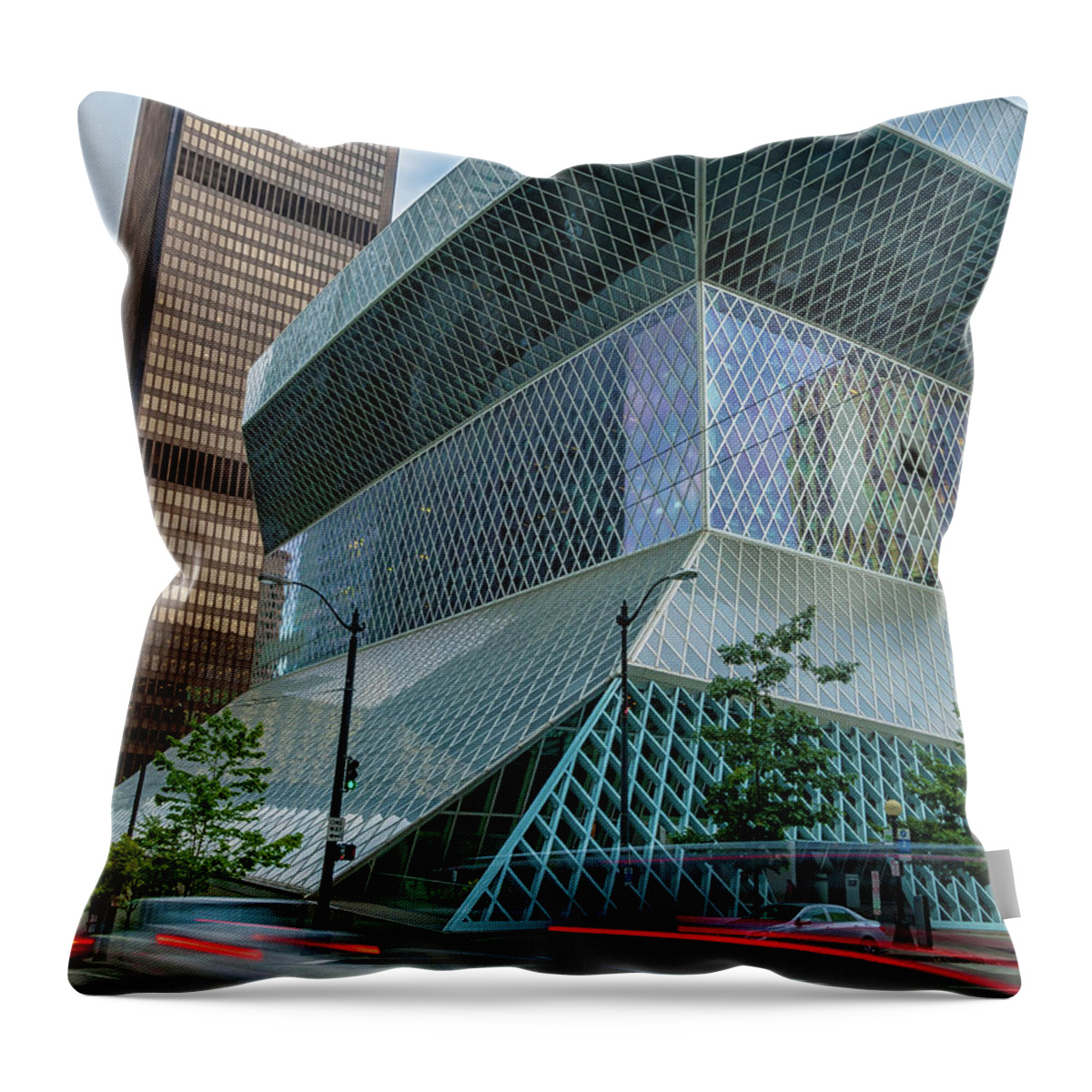 City Throw Pillow featuring the photograph Seattle Main Library 2 by Jonathan Nguyen
