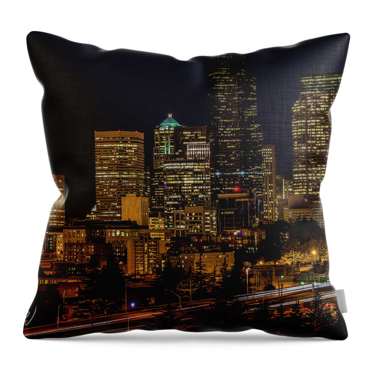 Seattle Throw Pillow featuring the photograph Seattle Night Skyline by Mark Joseph