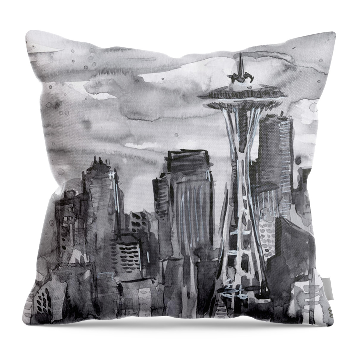 Seattle Throw Pillow featuring the painting Seattle Skyline Space Needle by Olga Shvartsur