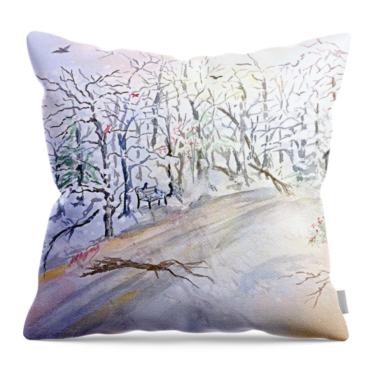 Secluded Cabin Throw Pillow featuring the painting Secluded Cabin in Winter by Ellen Levinson