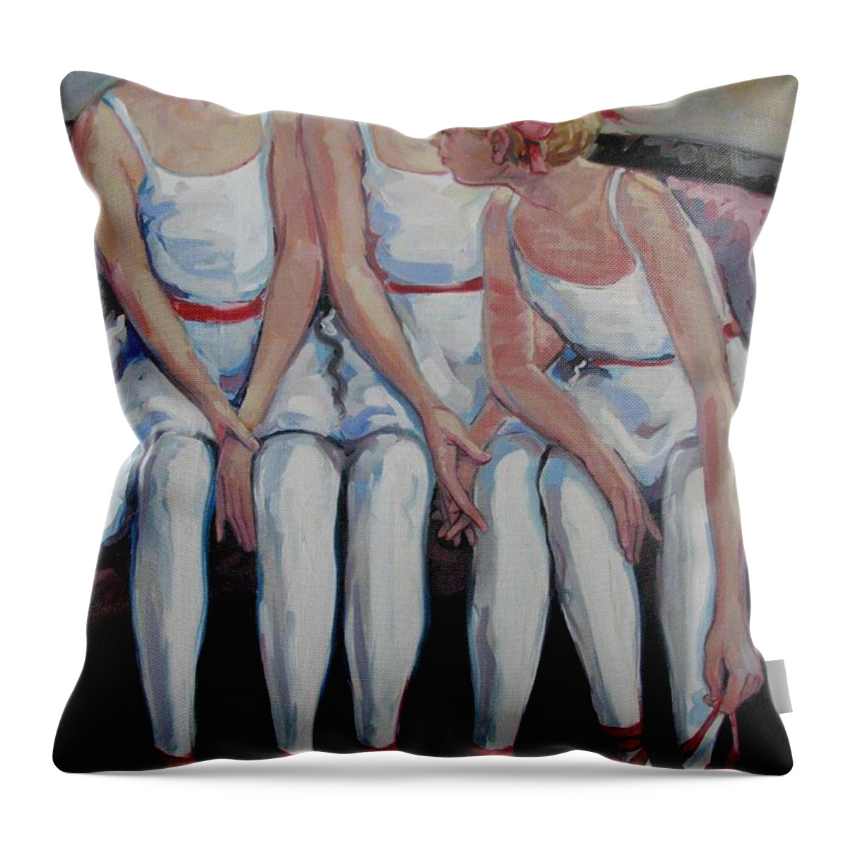 Portrait Of Three Ballerinas Telling Secrets Throw Pillow featuring the painting Secrets by Jerrold Carton