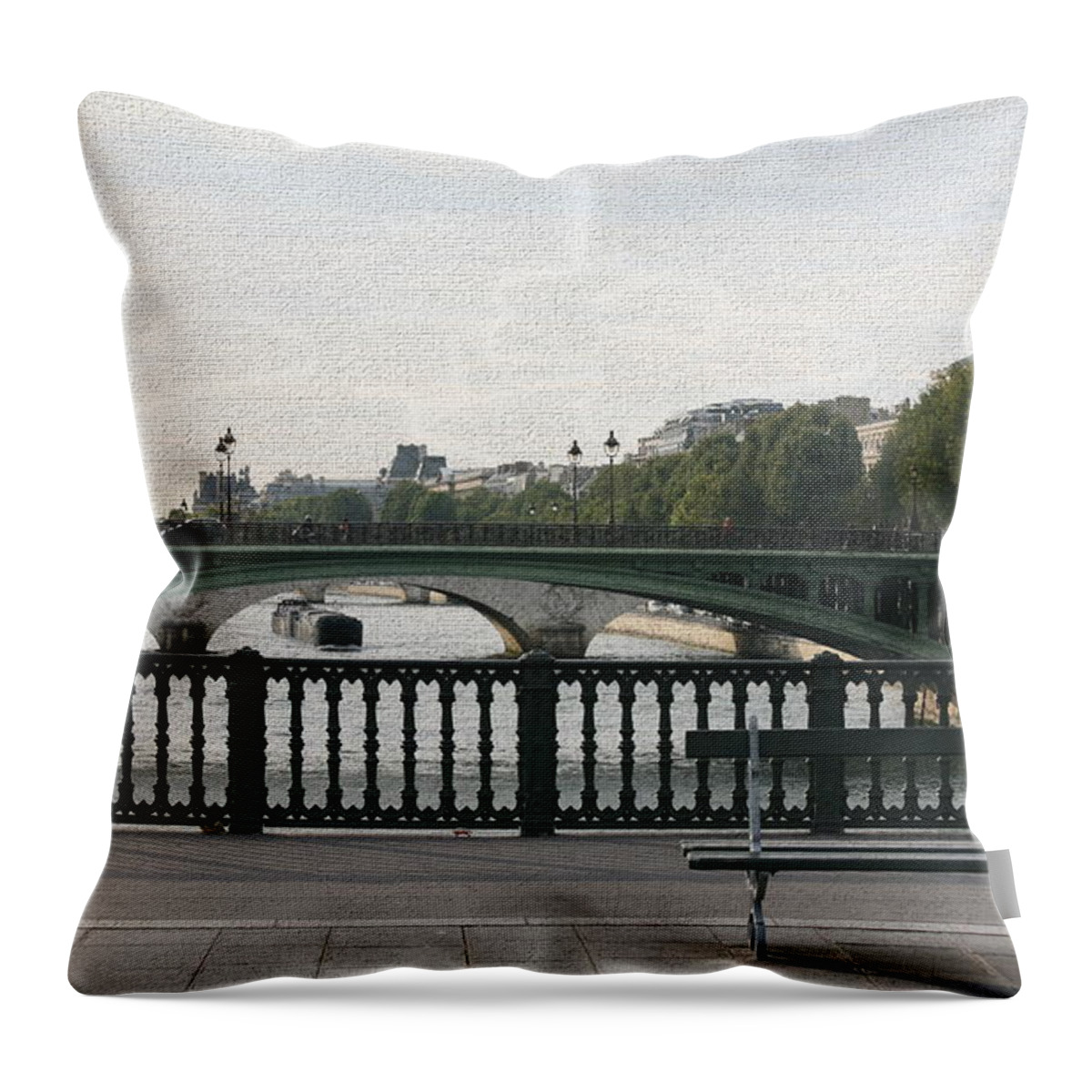  Paris Throw Pillow featuring the digital art Seine River Paris Bridge Man Bench Texture Effect by Chuck Kuhn