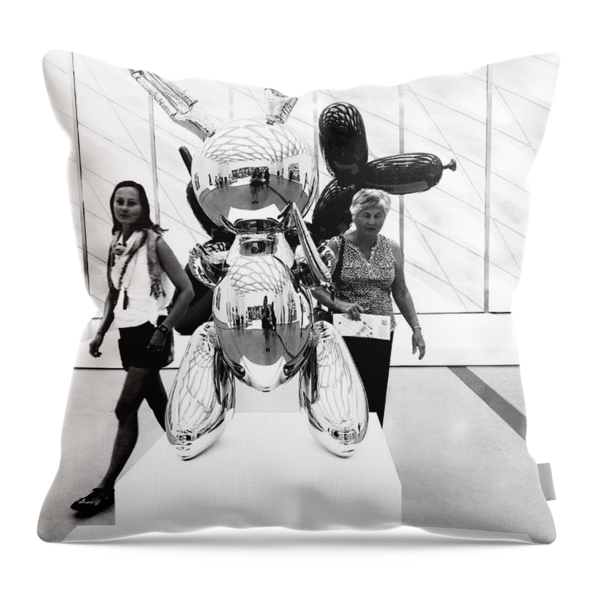 Self Throw Pillow featuring the photograph Self Portrait in Jeff Koons Mylar Rabbit Balloon Sculpture by Mary Capriole