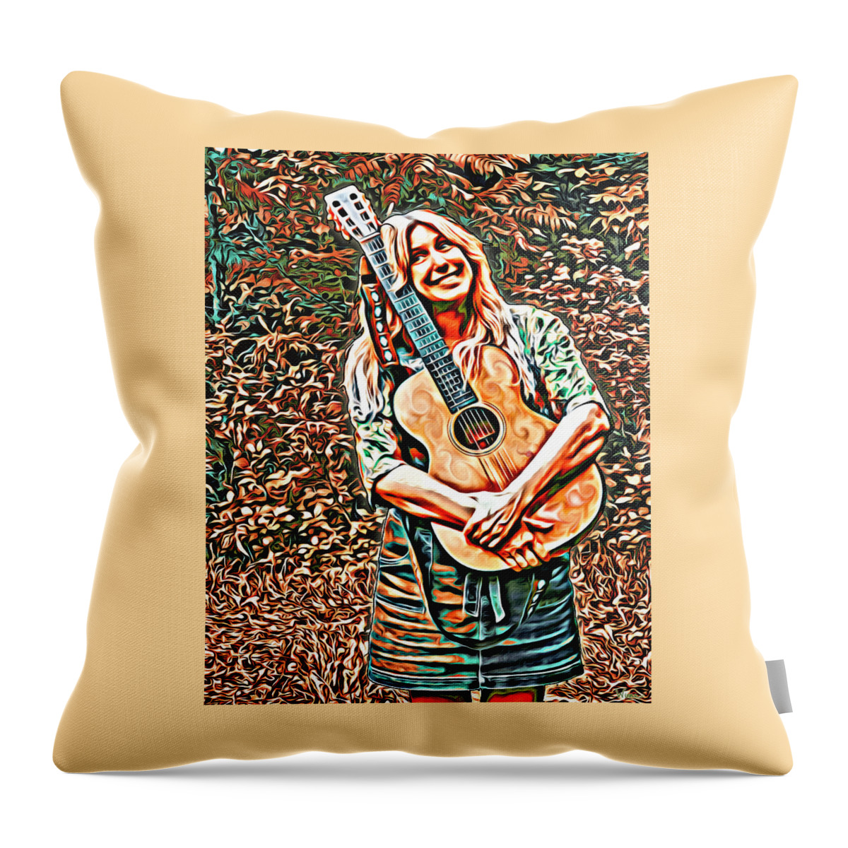 Lise Winne Throw Pillow featuring the digital art Self Portrait with Guitar by Lise Winne