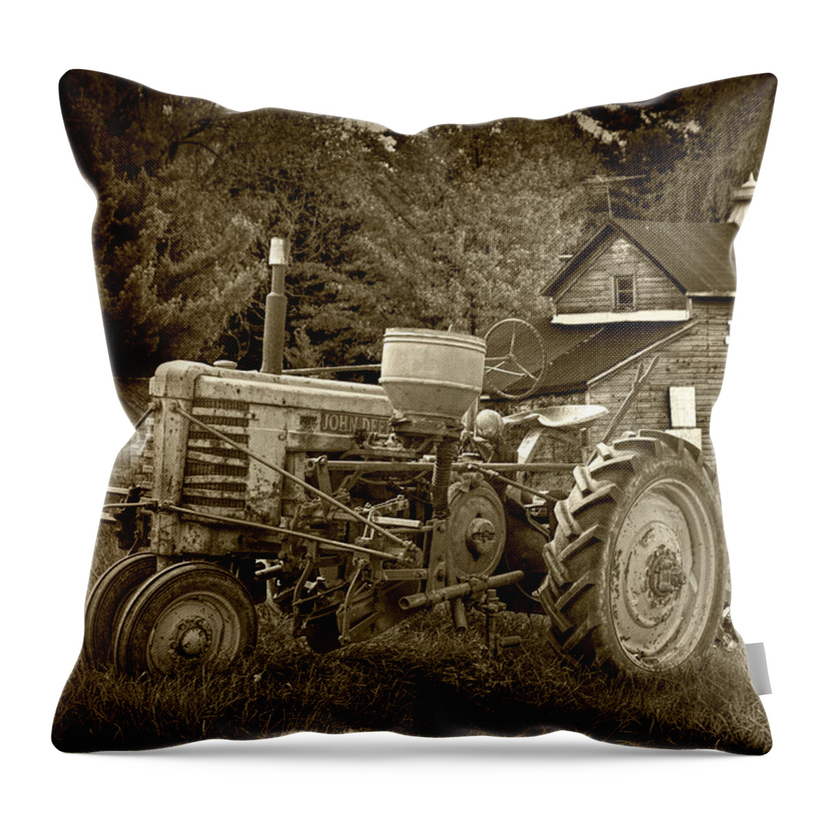 Farm Throw Pillow featuring the photograph Sepia Tone Old Vintage John Deere Tractor by Randall Nyhof