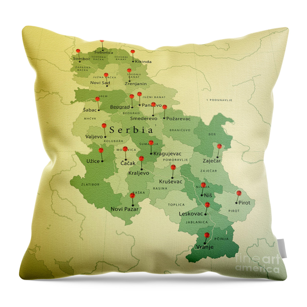 Cartography Throw Pillow featuring the digital art Serbia Map Square Cities Straight Pin Vintage by Frank Ramspott