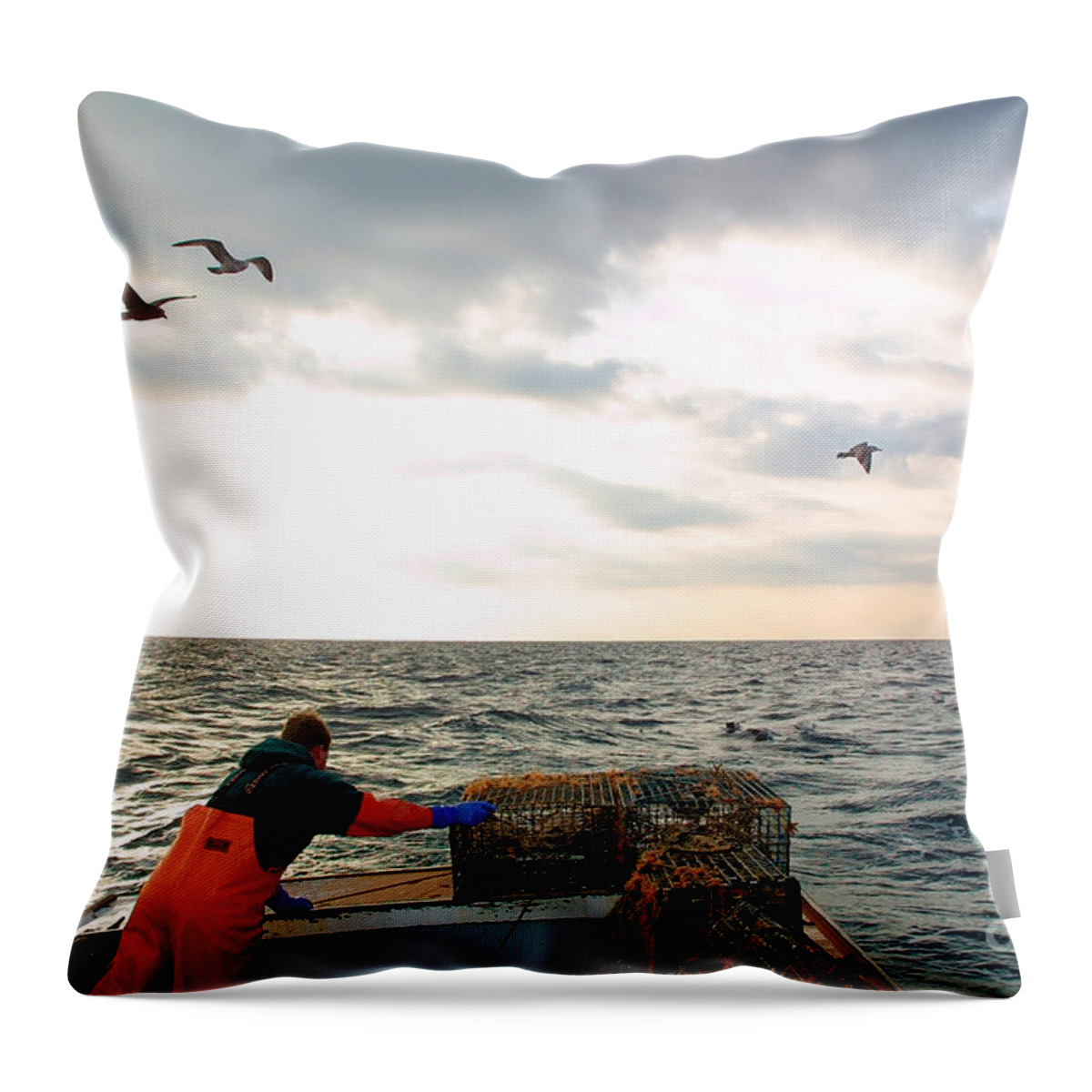 Fishing Boat Throw Pillow featuring the photograph Setting lobster traps in Chatham on Cape Cod by Matt Suess