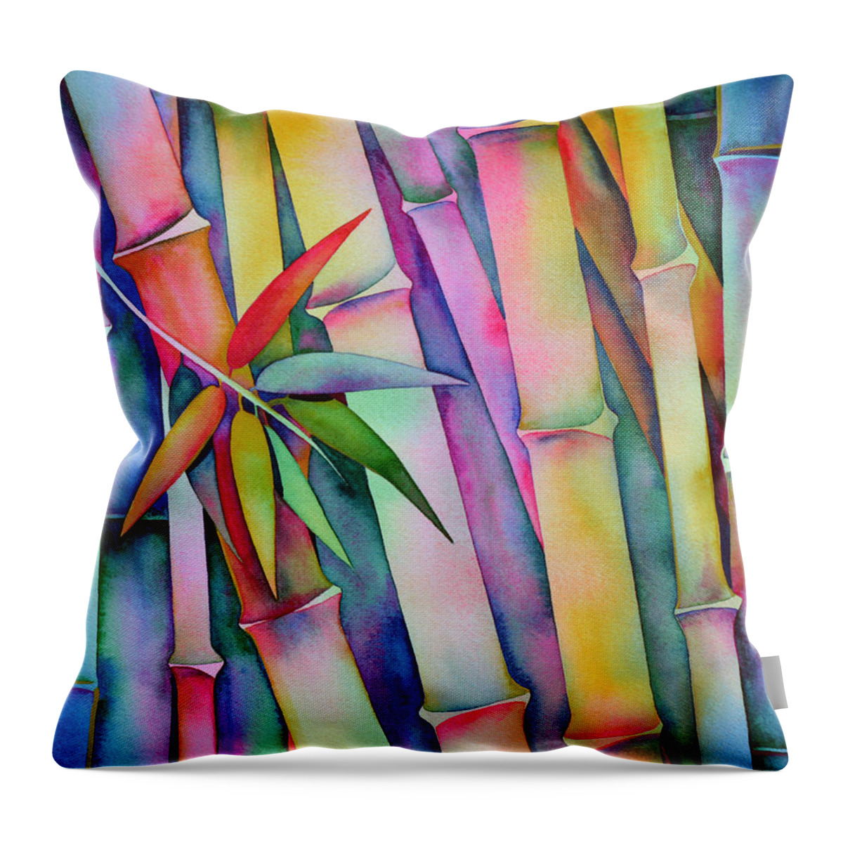 Bamboo Throw Pillow featuring the painting Seven Leaves of Bamboo by Zaira Dzhaubaeva