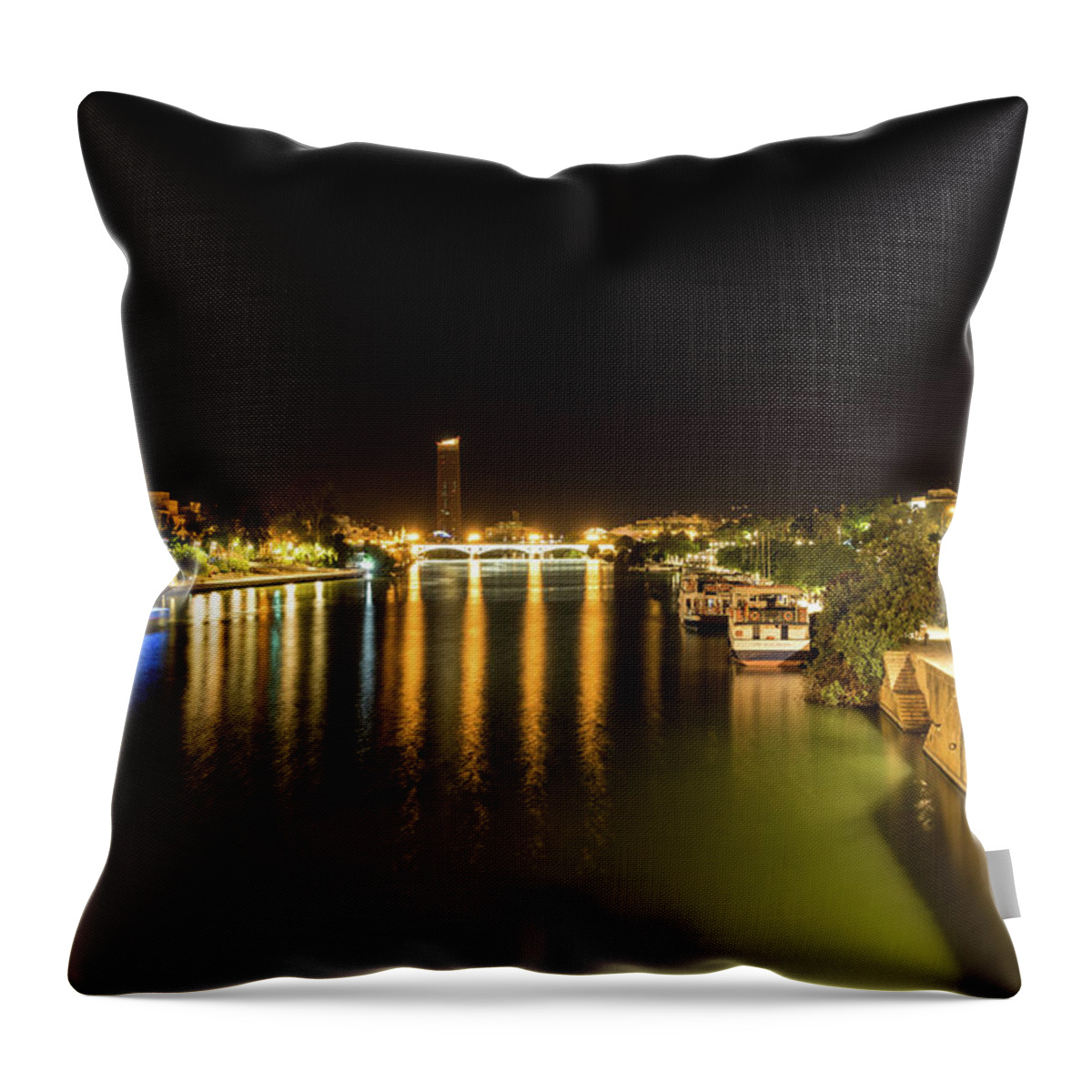 Torre Del Oro Throw Pillow featuring the photograph Seville Night Magic - Torre del Oro and Guadalquivir River in Bright Gold by Georgia Mizuleva