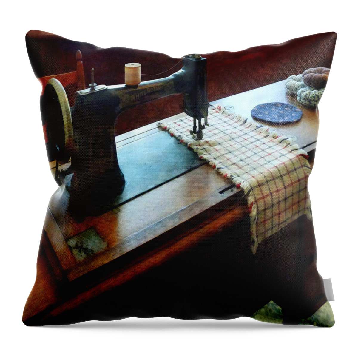 Sewing Machine Throw Pillow featuring the photograph Sewing Machine and Pincushions by Susan Savad