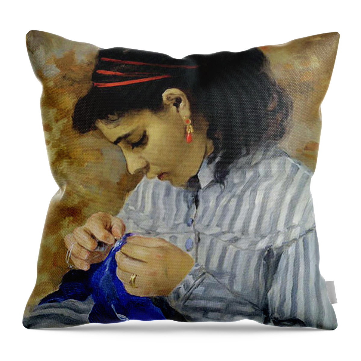 Sewing Throw Pillow featuring the mixed media Sewing Vintage Girl Simpler Times by Pierre Auguste Renoir