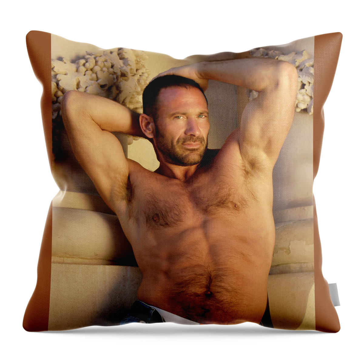 Homoerotic Art Throw Pillow featuring the photograph Sexy Shirtless Man Posing and showing off his hairy chest.  by Gunther Allen