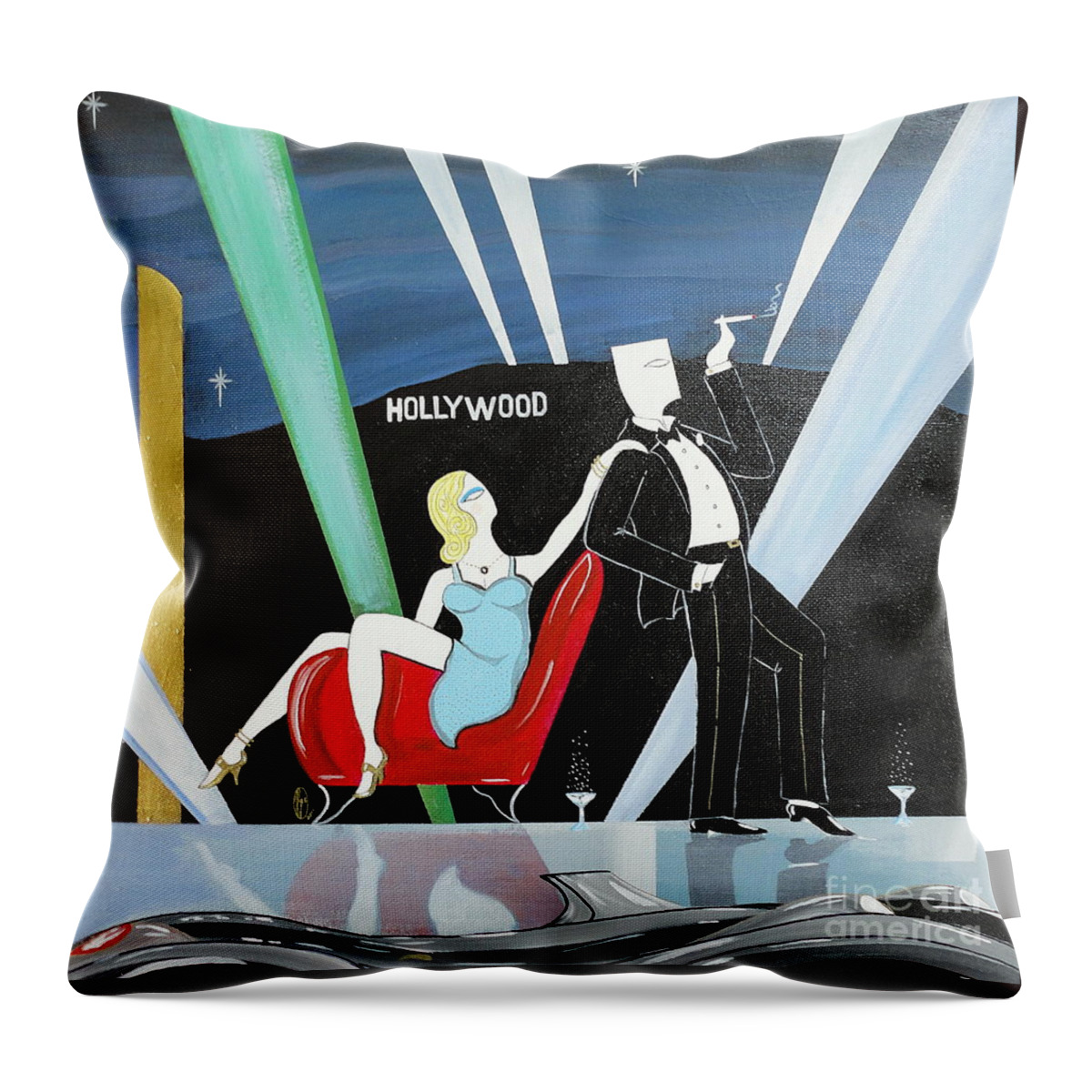 John Lyes Throw Pillow featuring the painting Sexy Starlet Sitting in Chair with Dashing Debonaire Date by John Lyes