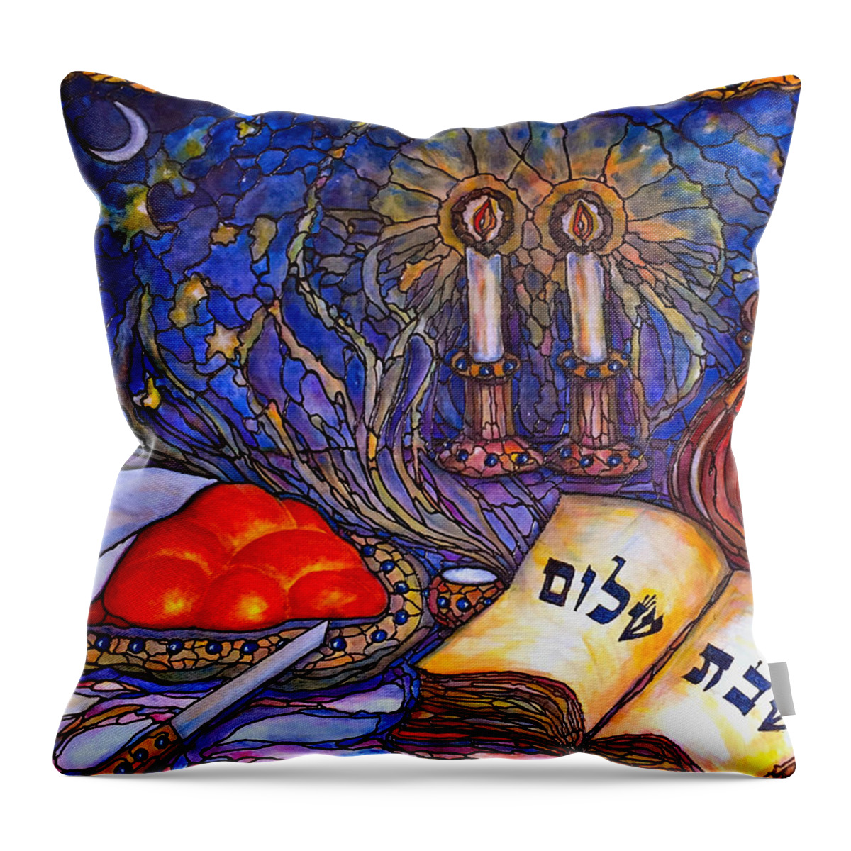 Original Painting Throw Pillow featuring the painting Shabbat Shalom by Rae Chichilnitsky