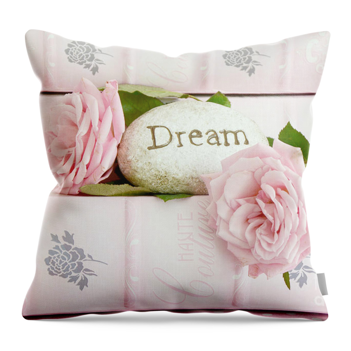 Dream Throw Pillow featuring the photograph Shabby Chic Cottage Pink Roses on Pink Books - Romantic Inspirational Dream Roses by Kathy Fornal