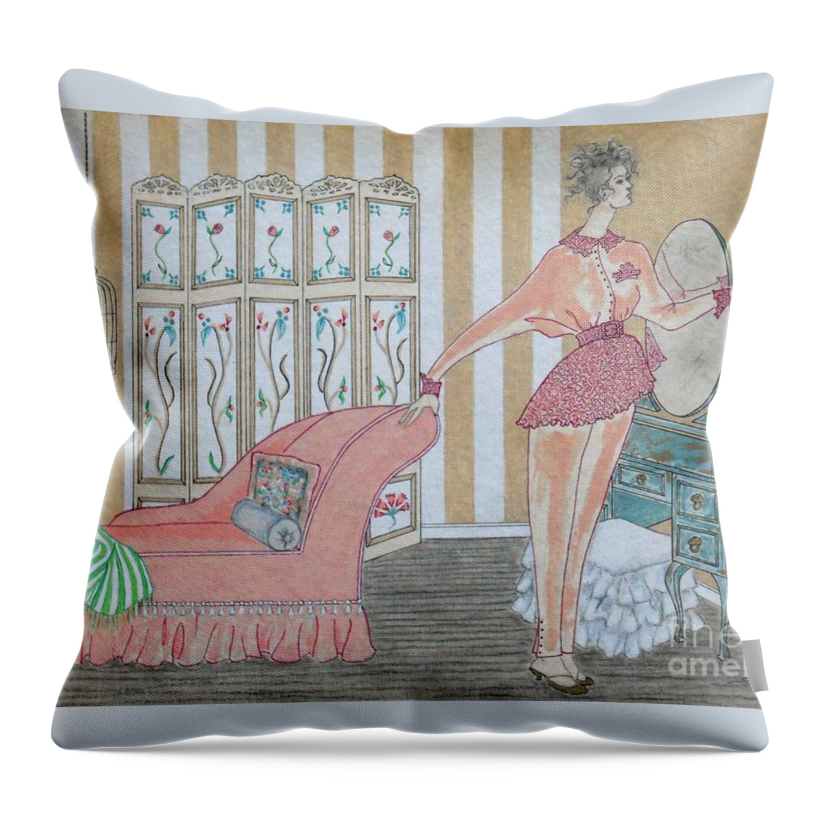 Shabby Chic Throw Pillow featuring the painting Shabby Chic -- Art Deco Interior w/ Fashion Figure by Jayne Somogy