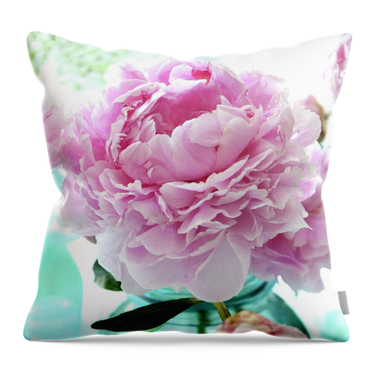 Peonies Throw Pillow featuring the photograph Shabby Chic Romantic Pink Peonies Aqua Mason Ball Jars - Cottage Summer Garden Peonies Decor by Kathy Fornal