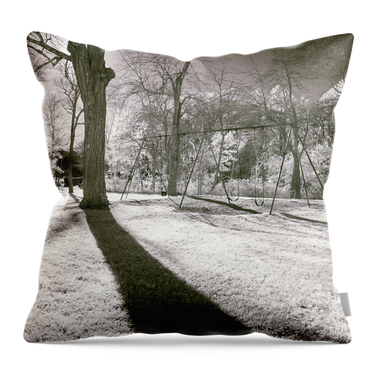 Shadow Shadows Swingset Swings Swing Set Play Ground Playground Park Public Outside Outdoors Nature Ir Infrared Infra Red Nanometer Brian Hale Brianhalephoto Hudson Ma Mass Massachusetts Sun Sky Trees Tree Throw Pillow featuring the photograph Shadow of a Memory by Brian Hale
