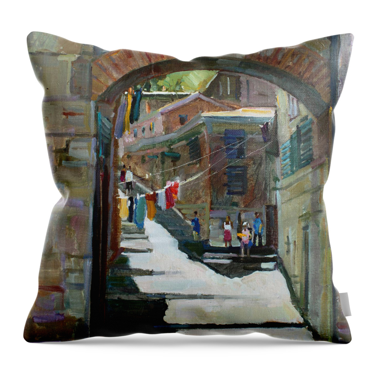 Landscape Throw Pillow featuring the painting Shadows the old town by Juliya Zhukova