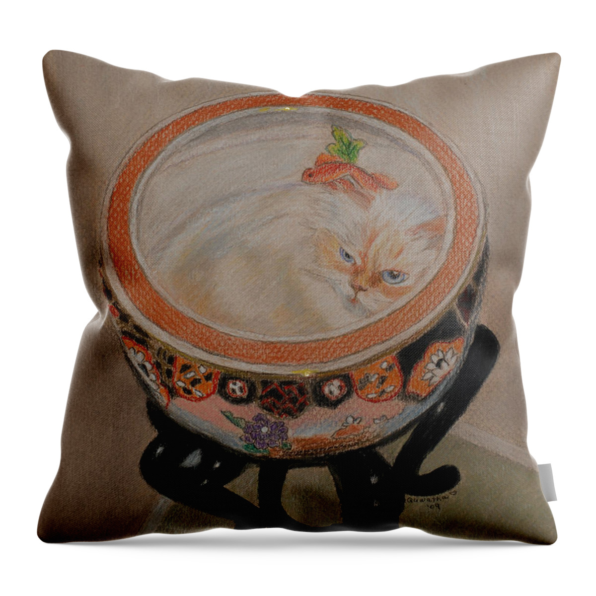 Cat Throw Pillow featuring the drawing Shakespeare in a Chinese Fishbowl by Quwatha Valentine