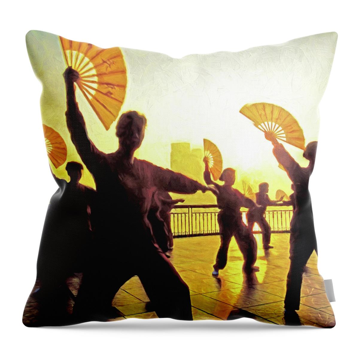 China Throw Pillow featuring the mixed media Shanghai Fan Exercise by Dennis Cox Photo Explorer