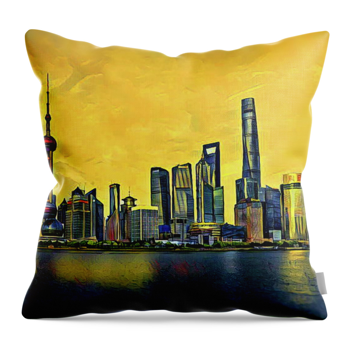 Skyline Throw Pillow featuring the digital art Shanghai Skyline - China by Russ Harris