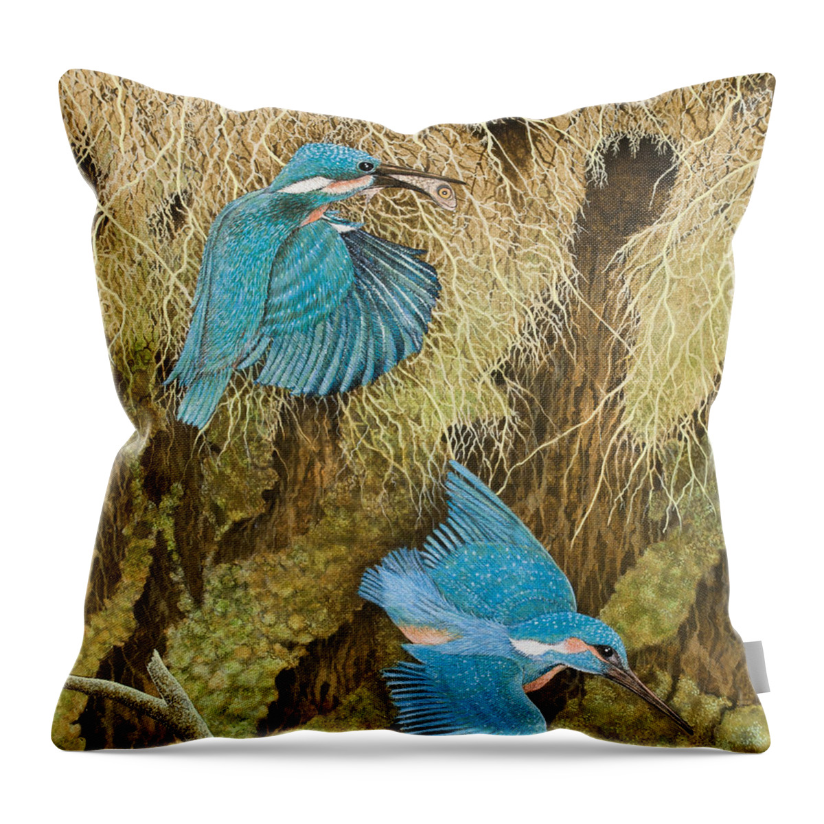 Kingfisher Throw Pillow featuring the painting Sharing the Caring by Pat Scott