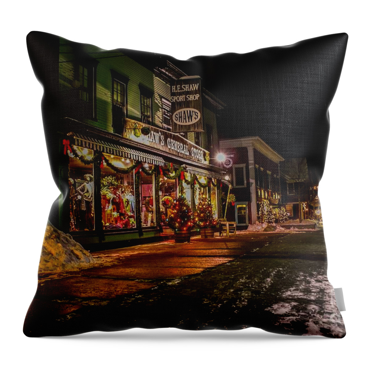 Stowe Throw Pillow featuring the photograph Shaws Sports Store. by New England Photography