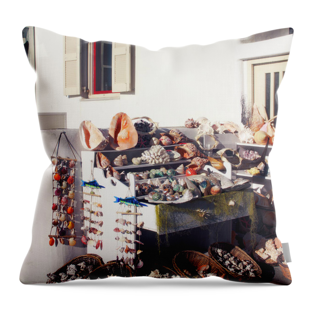 Store Mykonos Throw Pillow featuring the photograph She Sells Seashells Mykonos by Donna L Munro