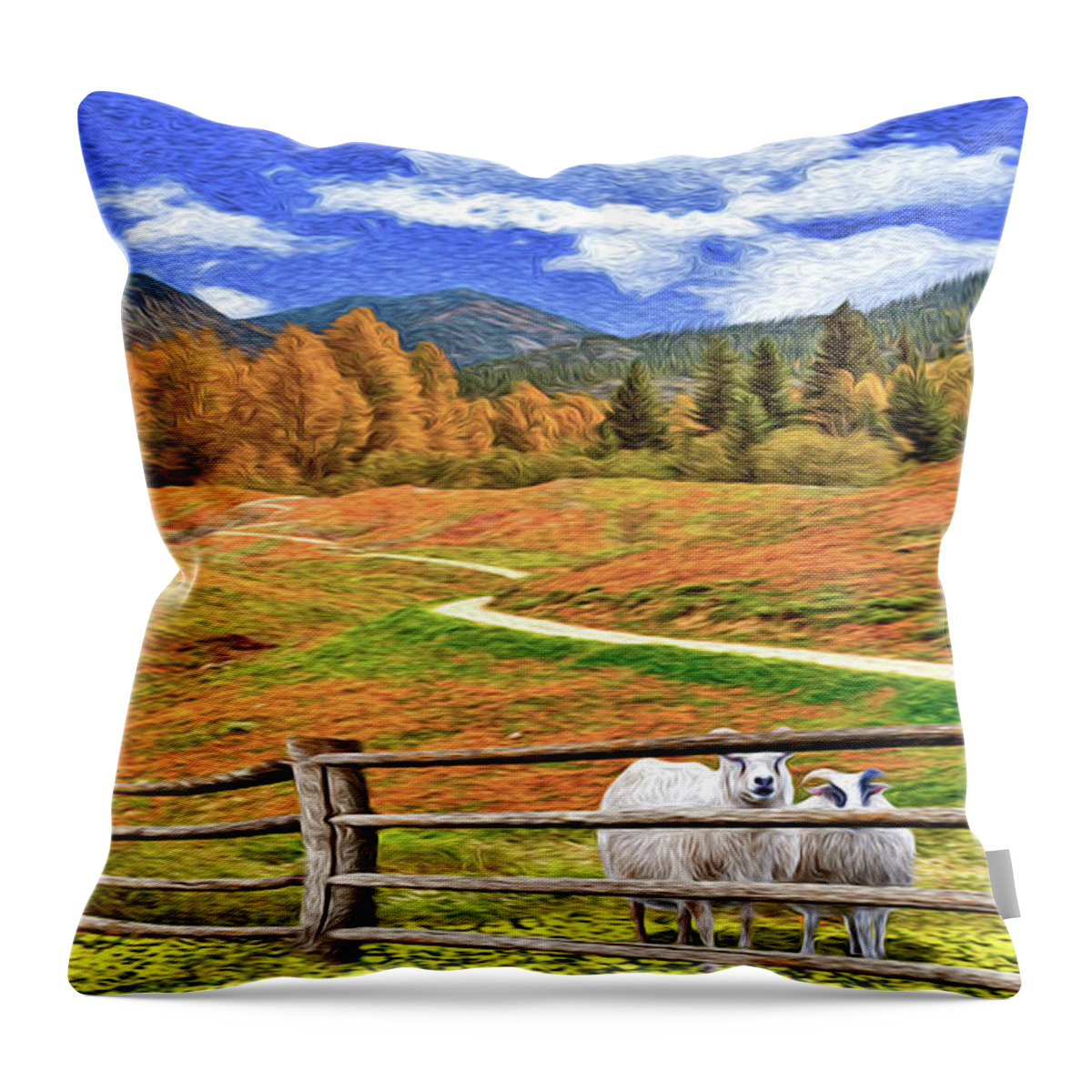Sheep Throw Pillow featuring the photograph Sheep and Road Ver 1 by Larry Mulvehill
