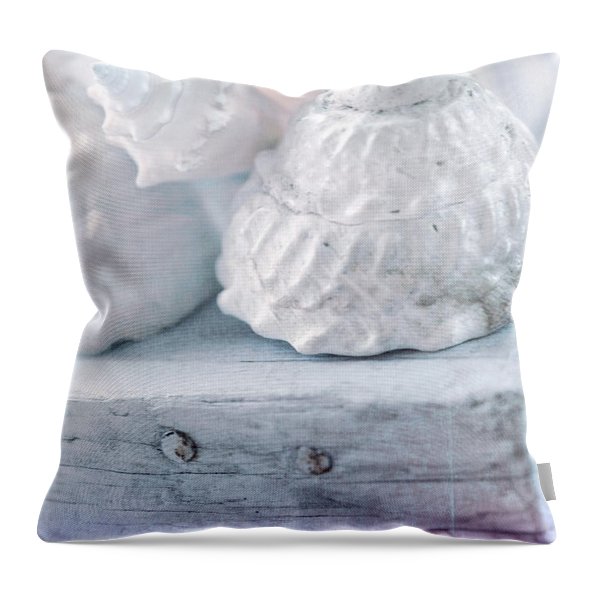 Sea Shells Throw Pillow featuring the photograph Shells on Wooden Crate by Bonnie Bruno
