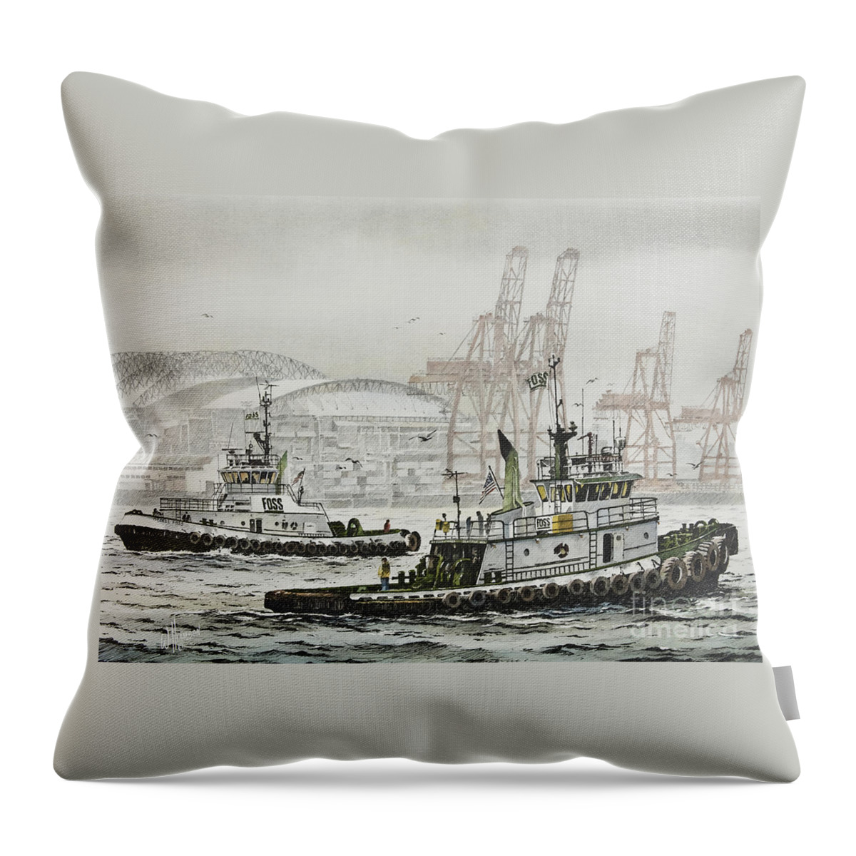Tugs Throw Pillow featuring the painting SHELLY and WEDELL FOSS by James Williamson
