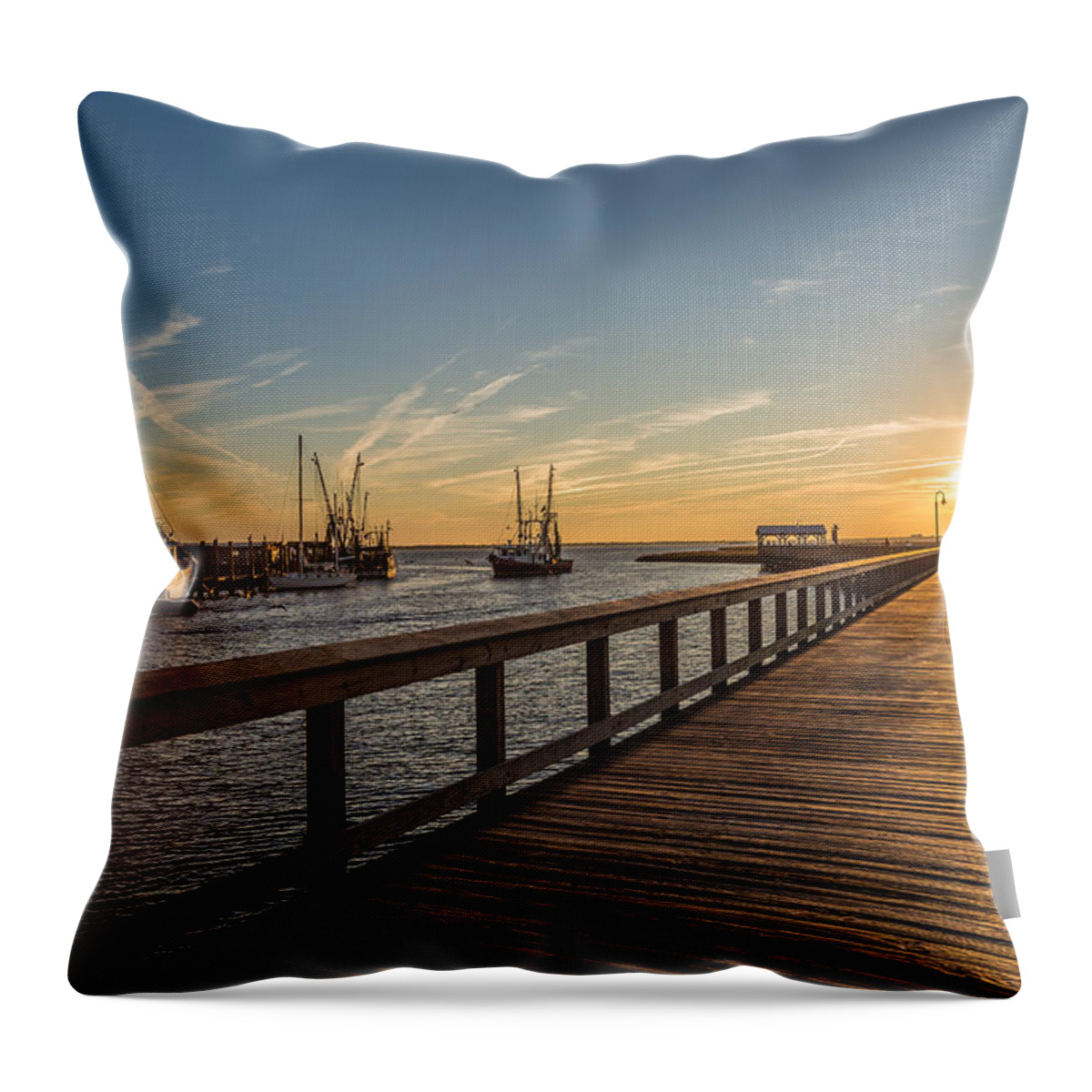 Mt. Pleasant Throw Pillow featuring the photograph Shem Creek Pier Sunset - Mt. Pleasant SC by Donnie Whitaker
