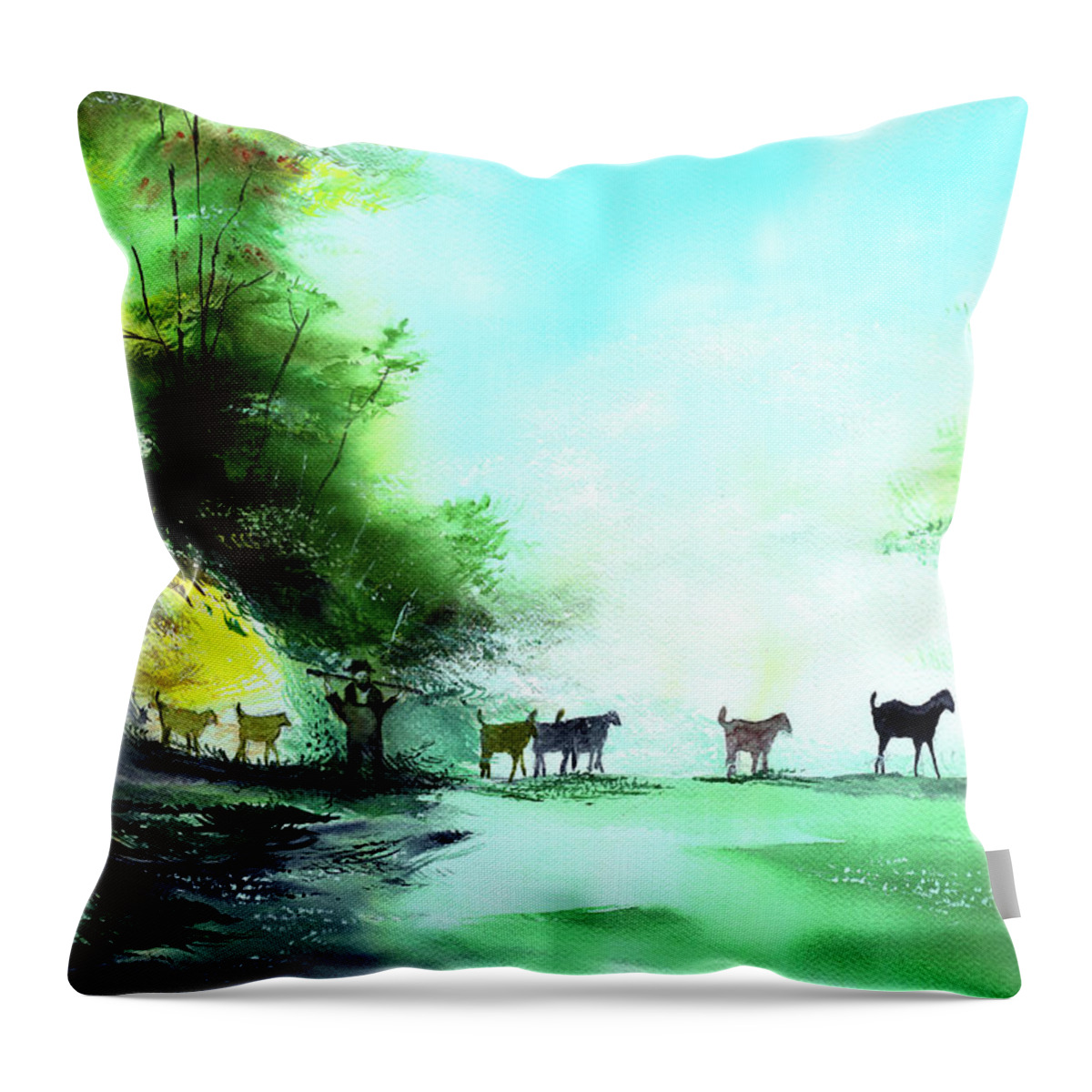 Nature Throw Pillow featuring the painting Shepherd by Anil Nene