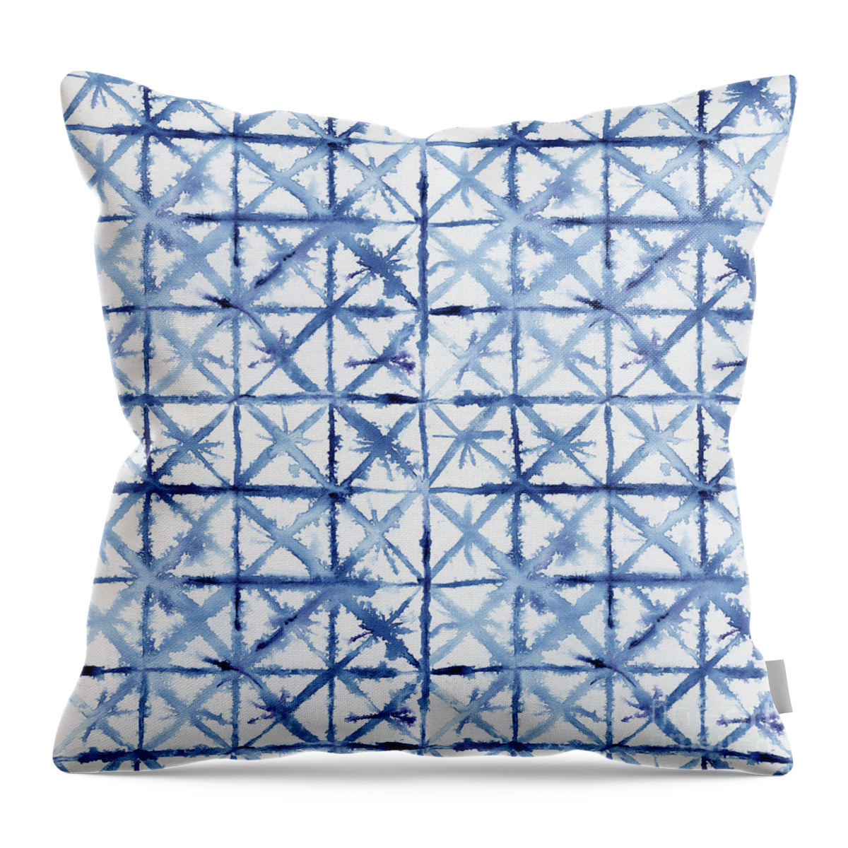 Shibori Throw Pillow featuring the painting Shibori Kubo Watecolor X Pattern Line Work Indigo Blue by Audrey Jeanne Roberts