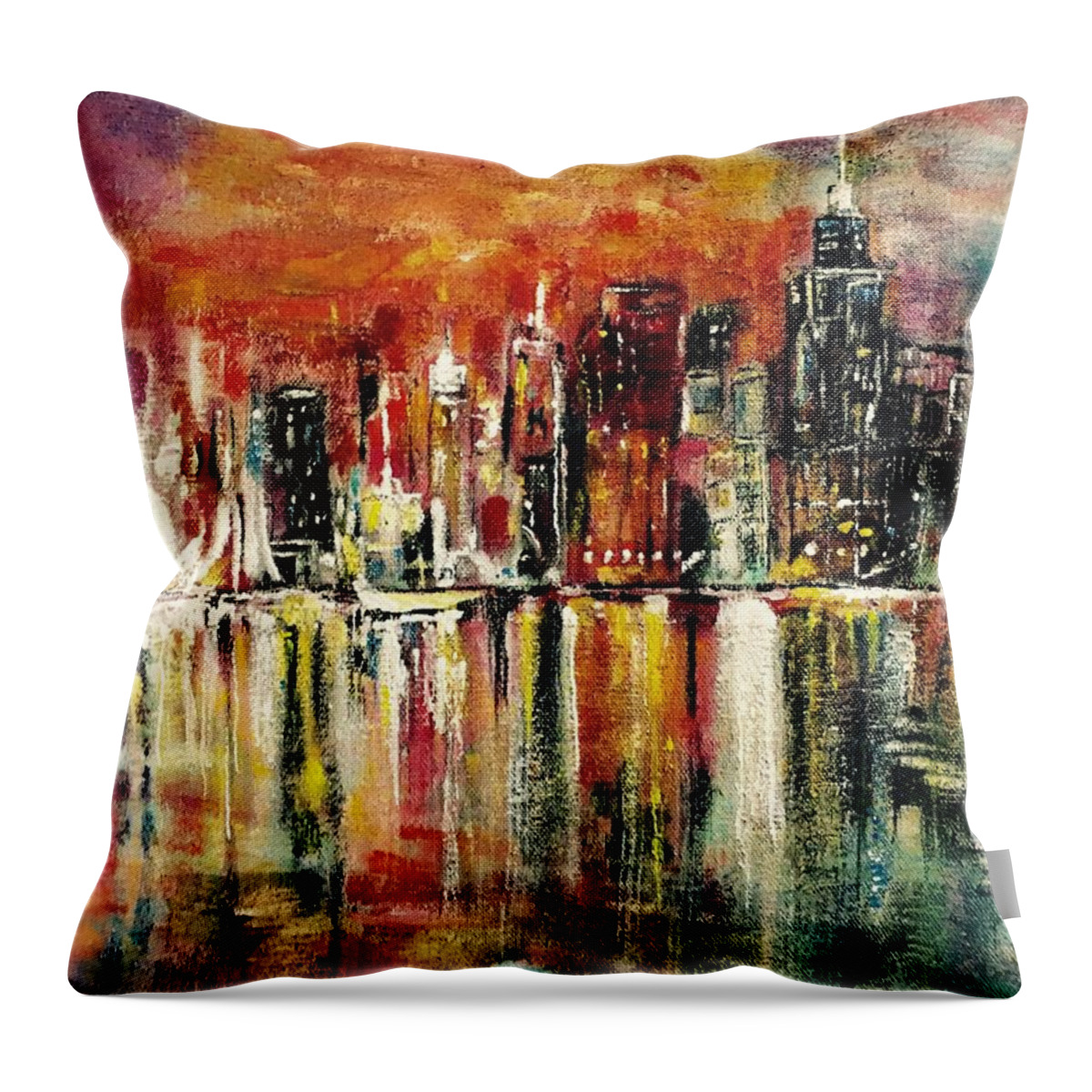 Tote Bag Throw Pillow featuring the painting Shimmering City Night Lights by Belinda Low
