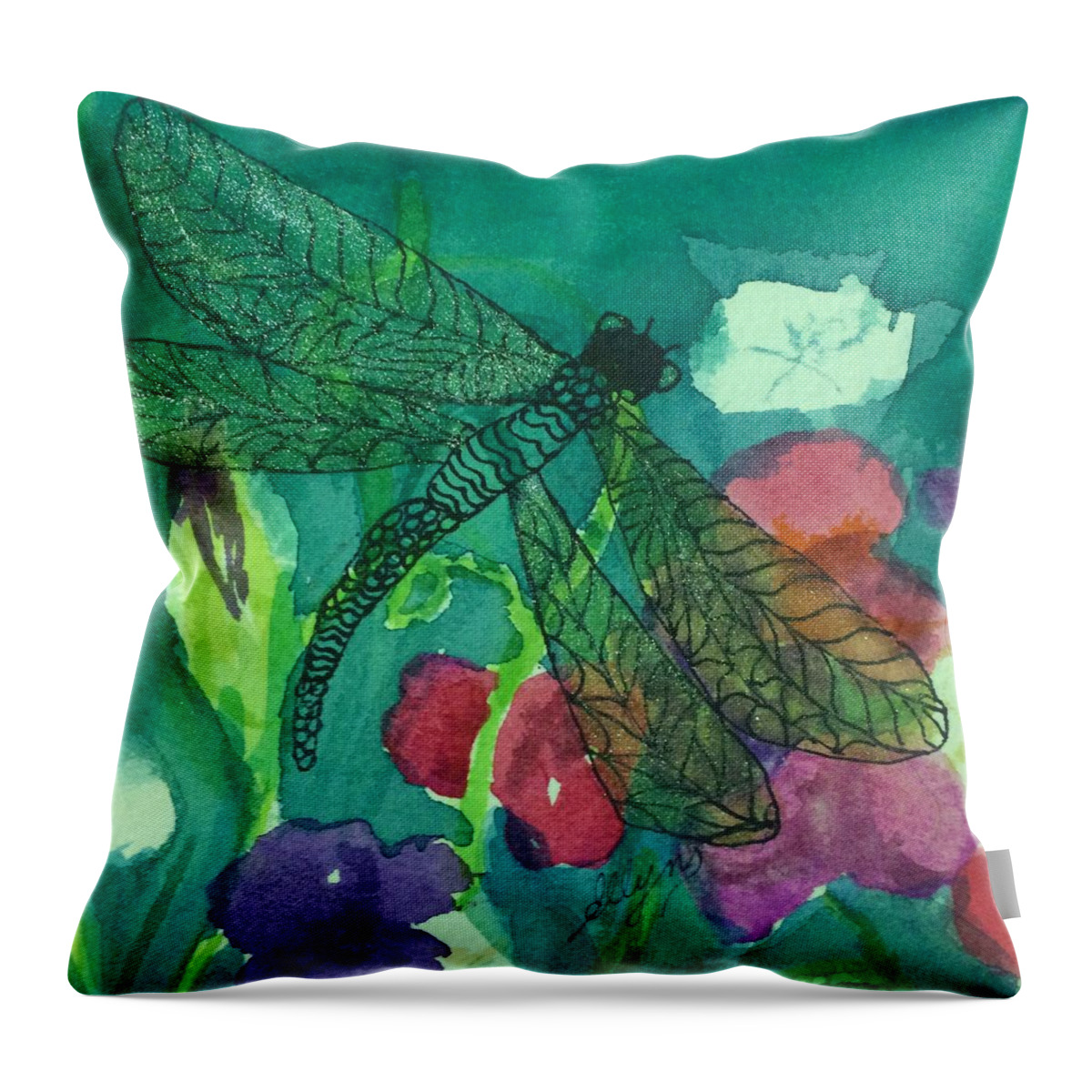 Dragonfly Throw Pillow featuring the painting Shimmering Dragonfly w Sweetpeas Square Crop by Ellen Levinson