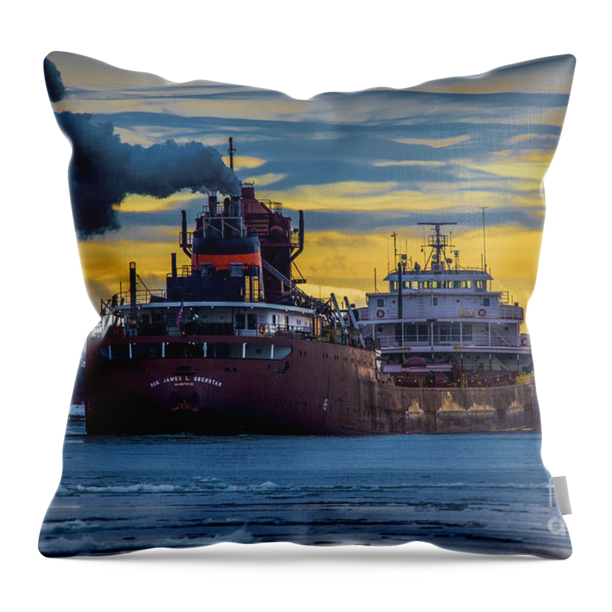 Ship Throw Pillow featuring the photograph Ship Hon. James L. Oberstar Winter Sunrise -6878 Great Lake Freighters by Norris Seward