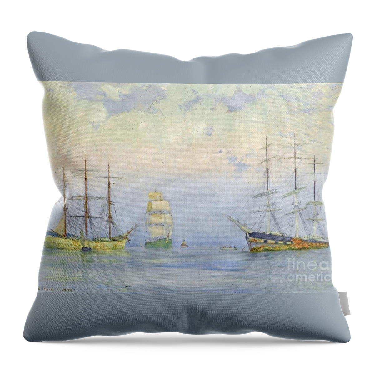 Henry Scott Tuke - Shipping At Anchor Throw Pillow featuring the painting Shipping at Anchor by MotionAge Designs